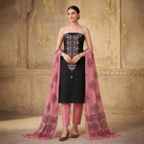 Unstiched_Pink_And_Black_Soft_Cotton_3Pcs_Salwar_Suit_For_Women