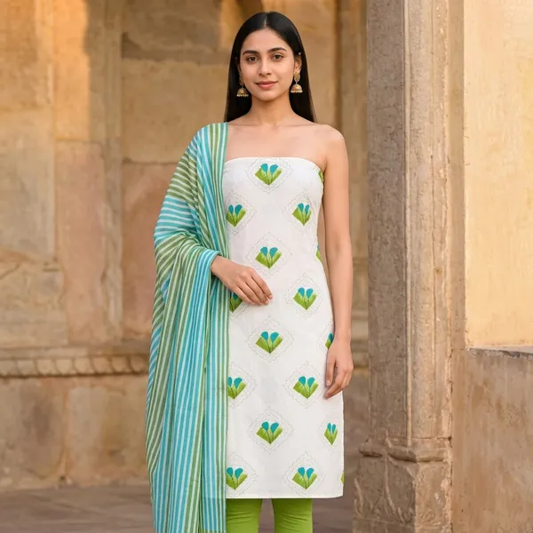 Unstiched_Parrot_Green_Soft_Cotton_3Pcs_Salwar_Suit_For_Women