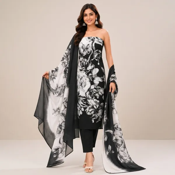 Unstiched_Black_And_White_Soft_Cotton_3Pcs_Salwar_Suit_For_Women