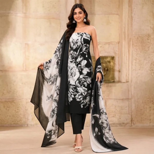 Unstiched_Black_And_White_Soft_Cotton_3Pcs_Salwar_Suit_For_Women