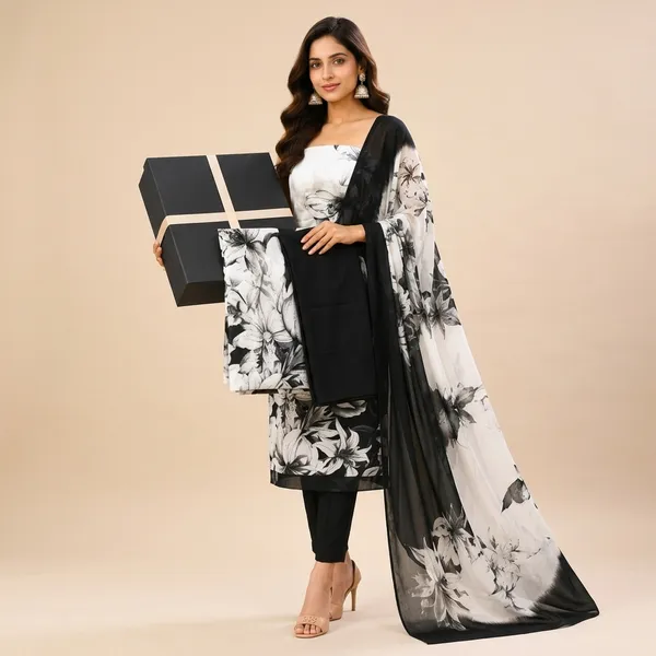 Unstiched_Black_And_White_Soft_Cotton_3Pcs_Salwar_Suit_For_Women