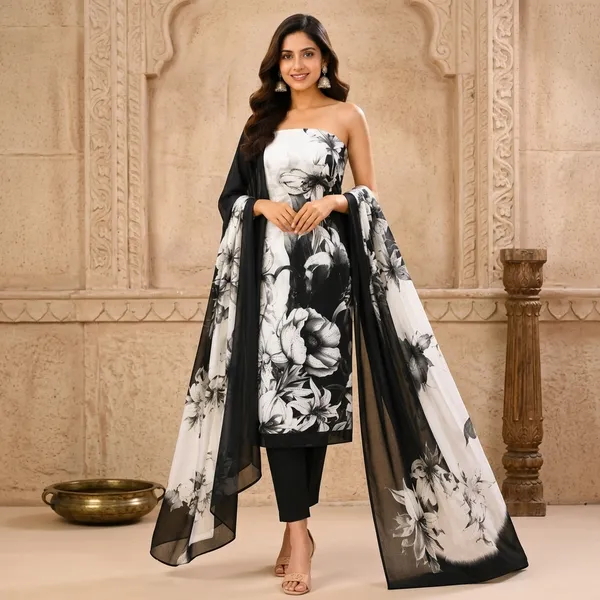 Unstiched_Black_And_White_Soft_Cotton_3Pcs_Salwar_Suit_For_Women