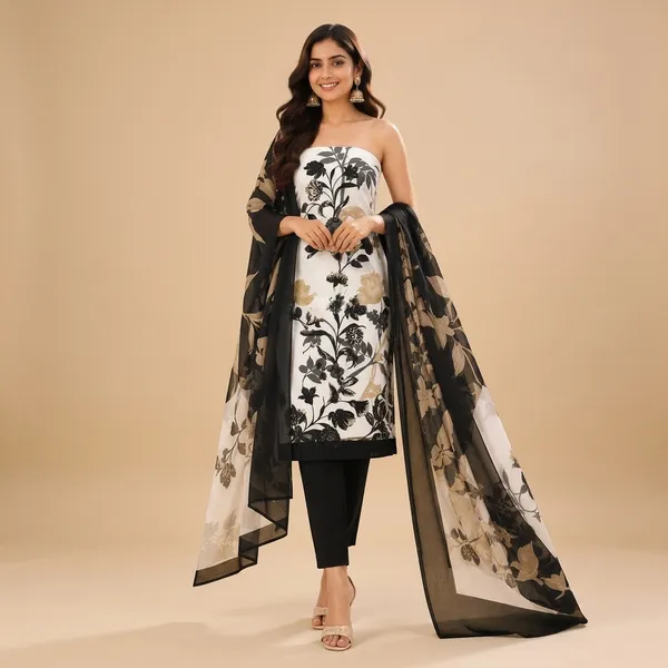 Unstiched_Black_And_White_Soft_Cotton_3Pcs_Salwar_Suit_For_Women
