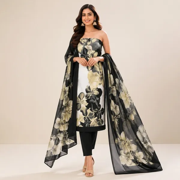 Unstiched_Black_And_White_Soft_Cotton_3Pcs_Salwar_Suit_For_Women