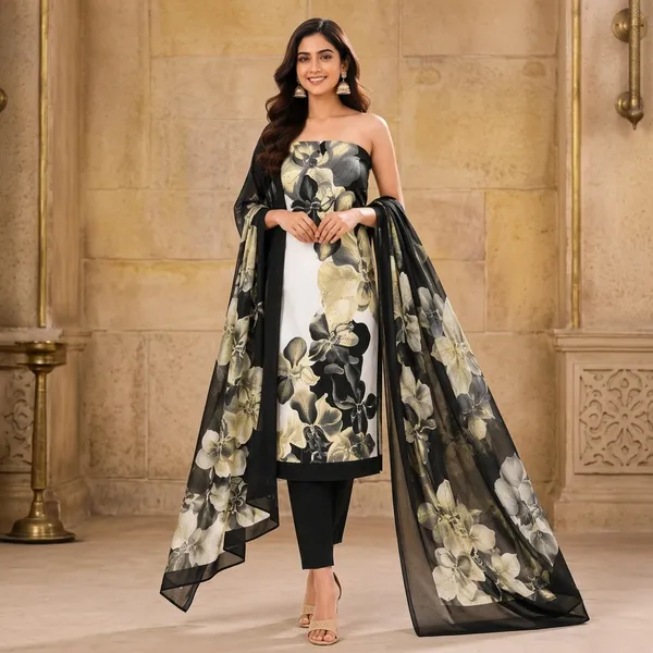 Unstiched_Black_And_White_Soft_Cotton_3Pcs_Salwar_Suit_For_Women