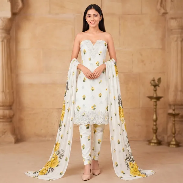 Unstiched_Cream_And_Yellow_Soft_Cotton_3Pcs_Salwar_Suit_For_Women