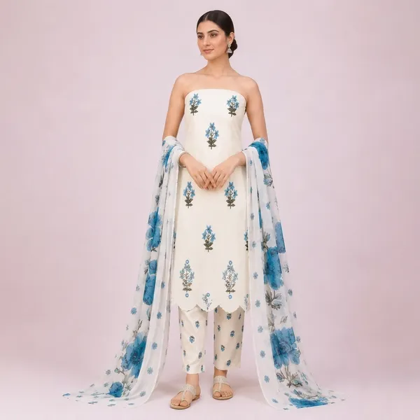Unstiched_Cream_And_Blue_Soft_Cotton_3Pcs_Salwar_Suit_For_Women