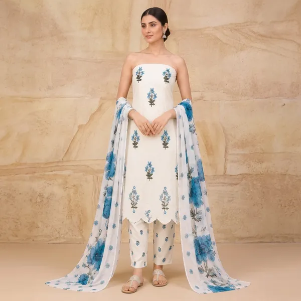 Unstiched_Cream_And_Blue_Soft_Cotton_3Pcs_Salwar_Suit_For_Women