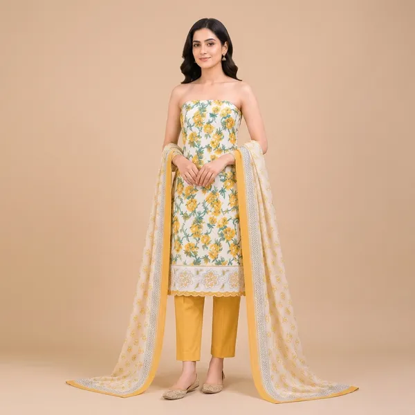 Unstiched_Yellow_Soft_Cotton_3Pcs_Salwar_Suit_For_Women