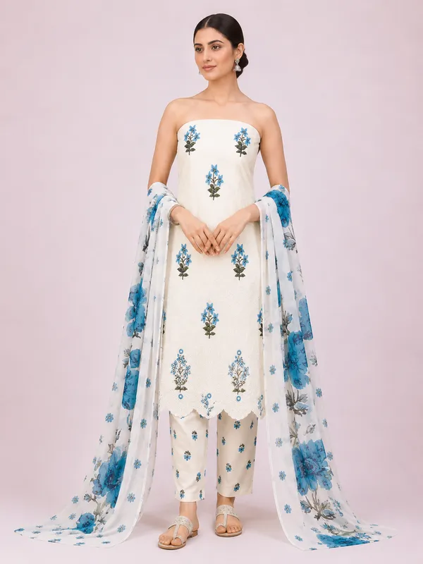Unstiched_Cream_And_Blue_Soft_Cotton_3Pcs_Salwar_Suit_For_Women