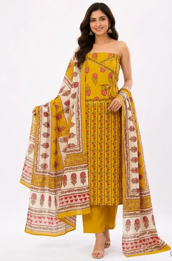 Unstiched_Mustard_Soft_Cotton_3Pcs_Salwar_Suit_For_Women