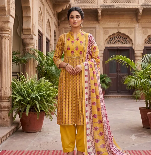 Unstitched_Mustard_Soft_Cotton_3Pcs_Salwar_Suit_For_Women