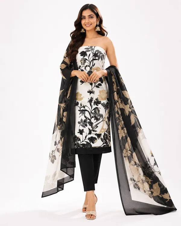 Unstiched_Black_And_White_Soft_Cotton_3Pcs_Salwar_Suit_For_Women
