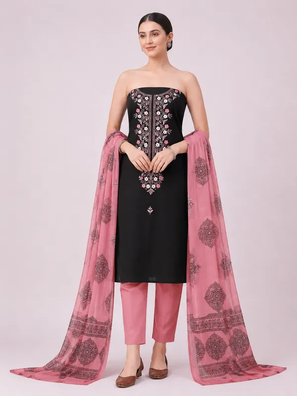 Unstiched_Pink_And_Black_Soft_Cotton_3Pcs_Salwar_Suit_For_Women