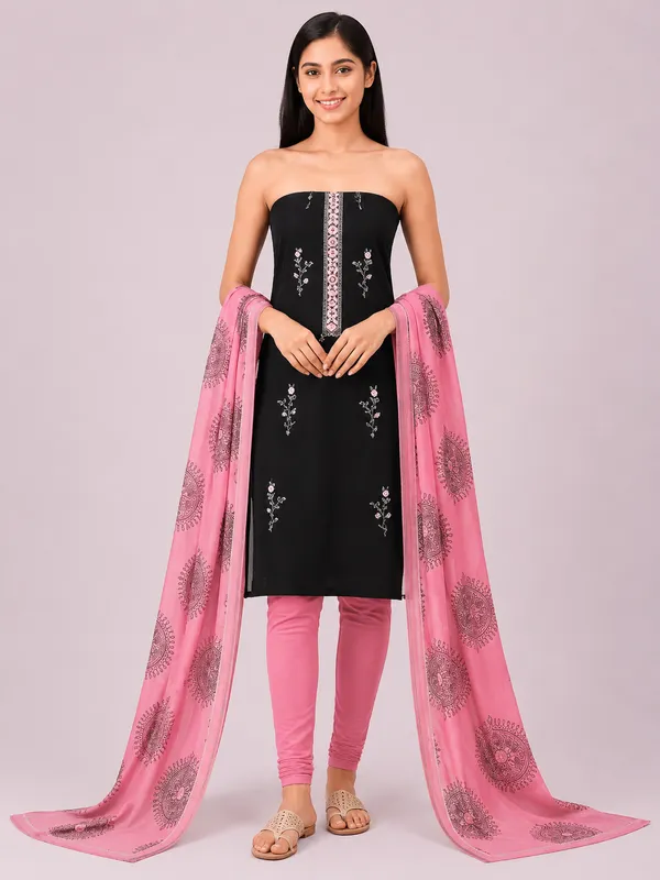 Unstiched_Black_And_Pink_Soft_Cotton_3Pcs_Salwar_Suit_For_Women