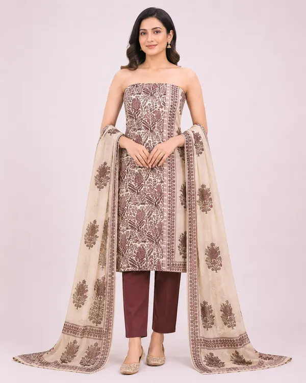 Unstiched_Maroon_And_Blue_Soft_Cotton_3Pcs_Salwar_Suit_For_Women