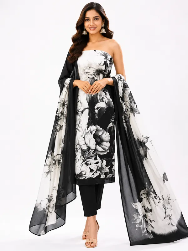 Unstiched_Black_And_White_Soft_Cotton_3Pcs_Salwar_Suit_For_Women