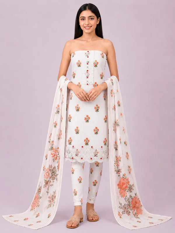Unstiched_Cream_And_Orange_Soft_Cotton_3Pcs_Salwar_Suit_For_Women
