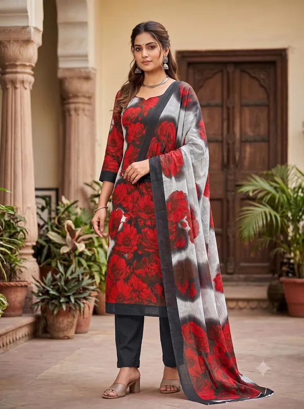 Unstitched_Black_And_Red_Soft_Cotton_3Pcs_Salwar_Suit_For_Women