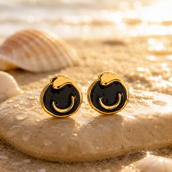 Gold_Plated_Black_Enamel_Round_Stud_Earrings_For_Women