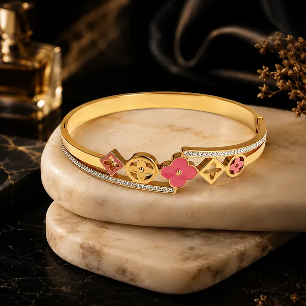 Gold_Stainless_Steel_Pink_Enamel_Floral_Charm_Bangle_Bracelet_For_Women