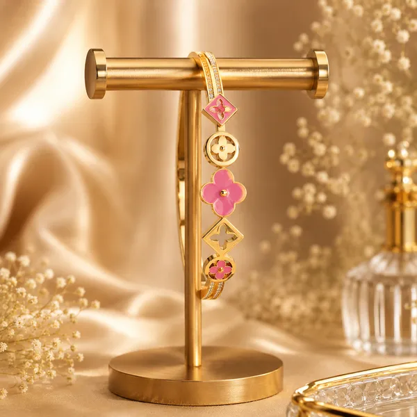 Gold_Stainless_Steel_Pink_Enamel_Floral_Charm_Bangle_Bracelet_For_Women