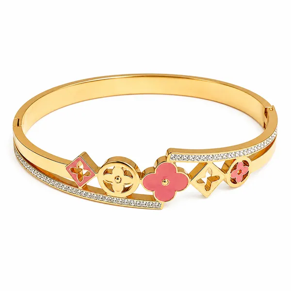 Gold_Stainless_Steel_Pink_Enamel_Floral_Charm_Bangle_Bracelet_For_Women