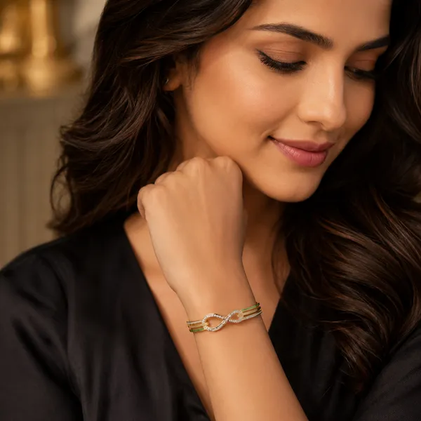 Gold_Plated_Green_Enamel_Crystal_Infinity_Bangle_For_Women