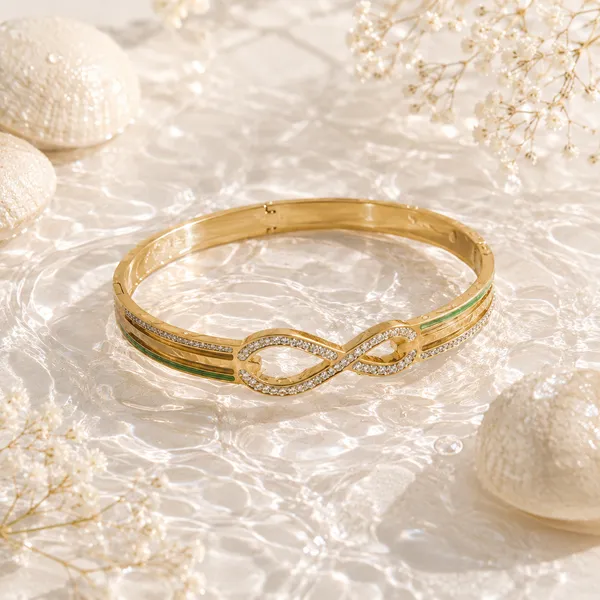 Gold_Plated_Green_Enamel_Crystal_Infinity_Bangle_For_Women