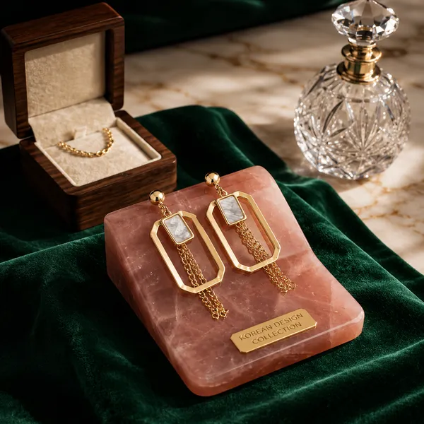 Gold_Rectangular_Frame_Stone_Chain_Drop_Earrings_For_Women