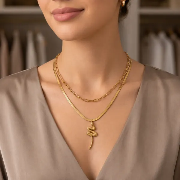 Gold_Stainless_Steel_Layered_Snake_Pendant_Necklace_With_Pink_Beaded_Bracelet