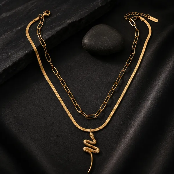 Gold_Stainless_Steel_Layered_Snake_Pendant_Necklace_With_Pink_Beaded_Bracelet