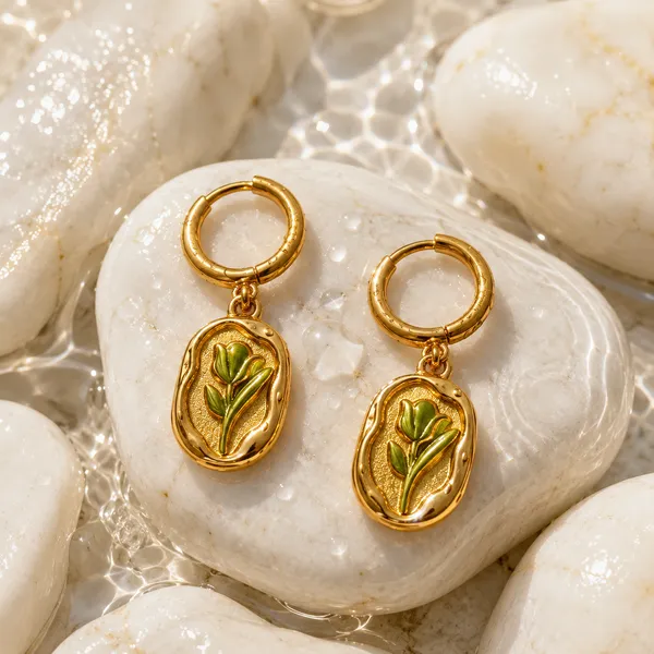 Gold_Stainless_Steel_Green_Leaf_Oval_Charm_Hoop_Earrings_For_Women