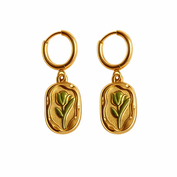 Gold_Stainless_Steel_Green_Leaf_Oval_Charm_Hoop_Earrings_For_Women