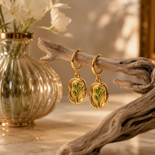 Gold_Stainless_Steel_Green_Leaf_Oval_Charm_Hoop_Earrings_For_Women