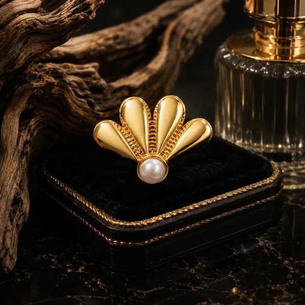 18K_Gold_Plated_Pearl_Shell_Statement_Ring_for_Women_|_Anti-Tarnish,_Waterproof_Stainless_Steel_Fan_Shaped_Lotus_Ring_|_Elegant_Fashion_Jewellery