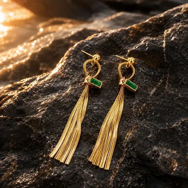 Gold_Stainless_Steel_Chain_Tassel_Green_Stone_Drop_Earrings_For_Women