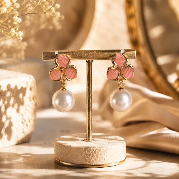 Gold_Stainless_Steel_Pink_Enamel_Flower_Pearl_Drop_Earrings_For_Women