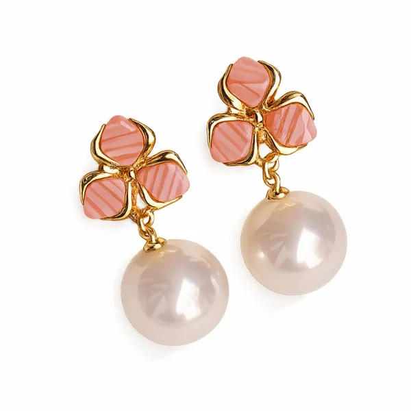 Gold_Stainless_Steel_Pink_Enamel_Flower_Pearl_Drop_Earrings_For_Women