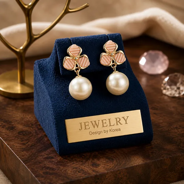 Gold_Stainless_Steel_Pink_Enamel_Flower_Pearl_Drop_Earrings_For_Women