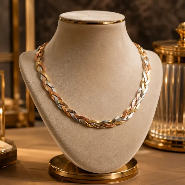 Tri-Tone_Braided_Chain_Necklace_for_Women_|_Gold,_Rose_Gold_&_Silver_Finish_|_Premium_Stainless_Steel_Statement_Necklace_|_Fashion_Jewelry_for_Party_Wear