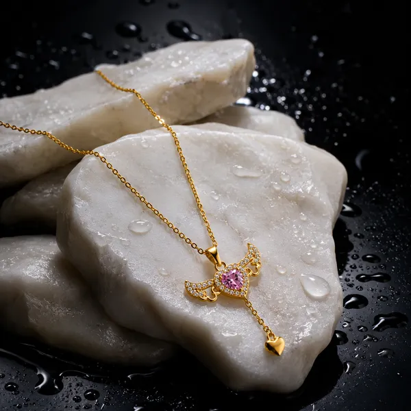 Gold_Stainless_Steel_Butterfly_Pink_Crystal_Heart_Drop_Necklace_For_Women
