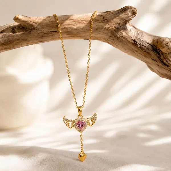 Gold_Stainless_Steel_Butterfly_Pink_Crystal_Heart_Drop_Necklace_For_Women