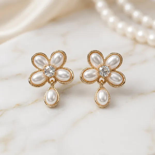 Gold_Stainless_Steel_Pearl_Flower_Drop_Earrings_With_Crystal_Center