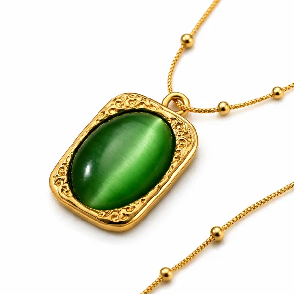 Gold_Stainless_Steel_Green_Stone_Pendant_Chain_Necklace_For_Women