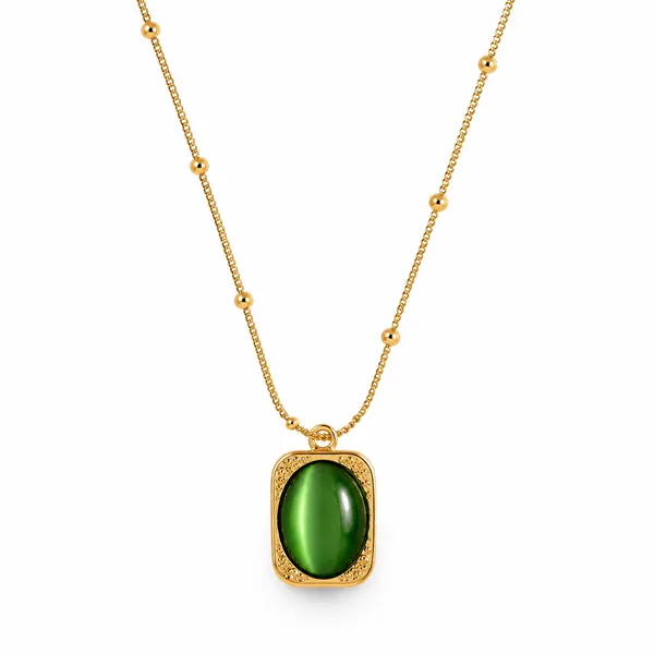 Gold_Stainless_Steel_Green_Stone_Pendant_Chain_Necklace_For_Women