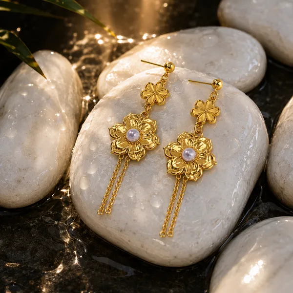 Gold_Stainless_Steel_Floral_Pink_Stone_Drop_Earrings_For_Women