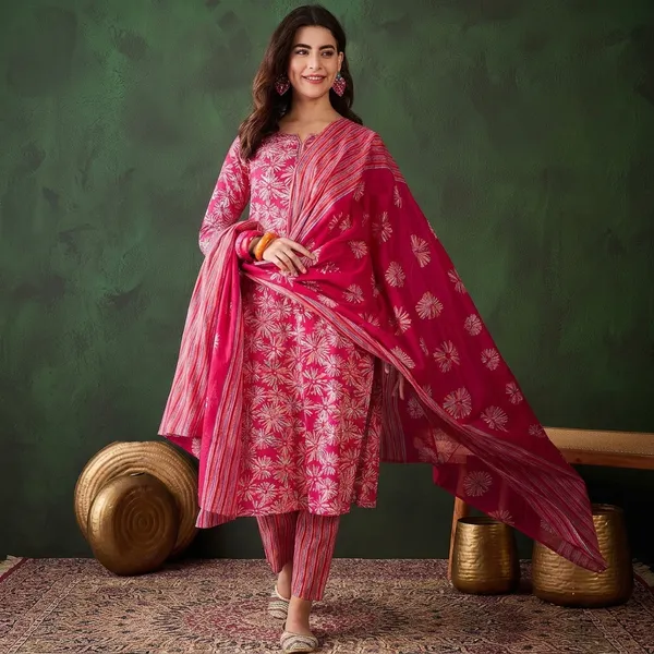 Dealshpere_Floral_Print_Kurta,_Trouser/Pant_And_Dupatta_Set