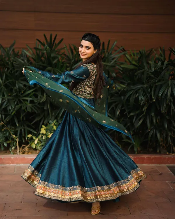 Teal_Vichitra_Silk_With_Organza_Silk_Anarkali_Suit_Set_For_Women