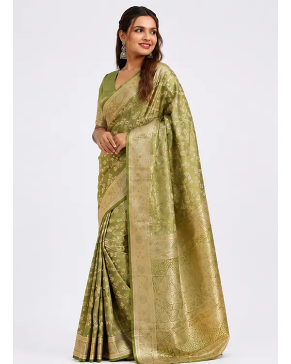 Women_Ladies_Olive_Green_Soft_Lichi_Silk_Saree_with_Rich_Pallu_and_Jacquard_Work,_Running_Blouse_Piece